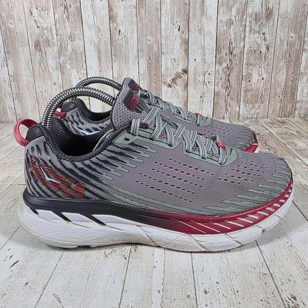 Hoka One One Clifton 5 Wide Mens 6.5 Grey Red Running Shoes 1093758 AMTL